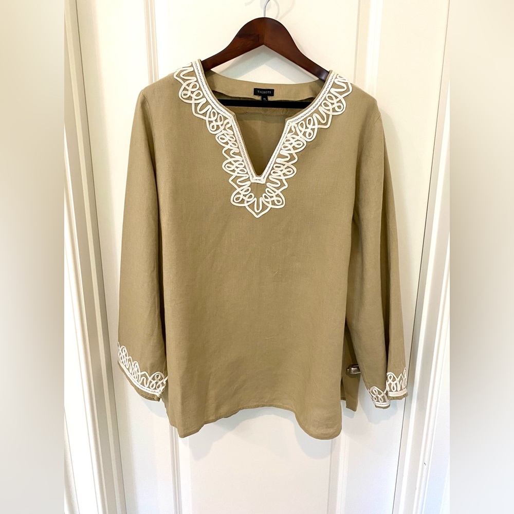 Talbots Tan Embroidered Trim  Women's Linen Tunic Size XL